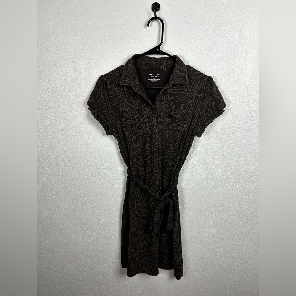 Sonoma Women’s Brown Leaf Print Shirt Dress Short Sleeve Sz M  Tropical Casual